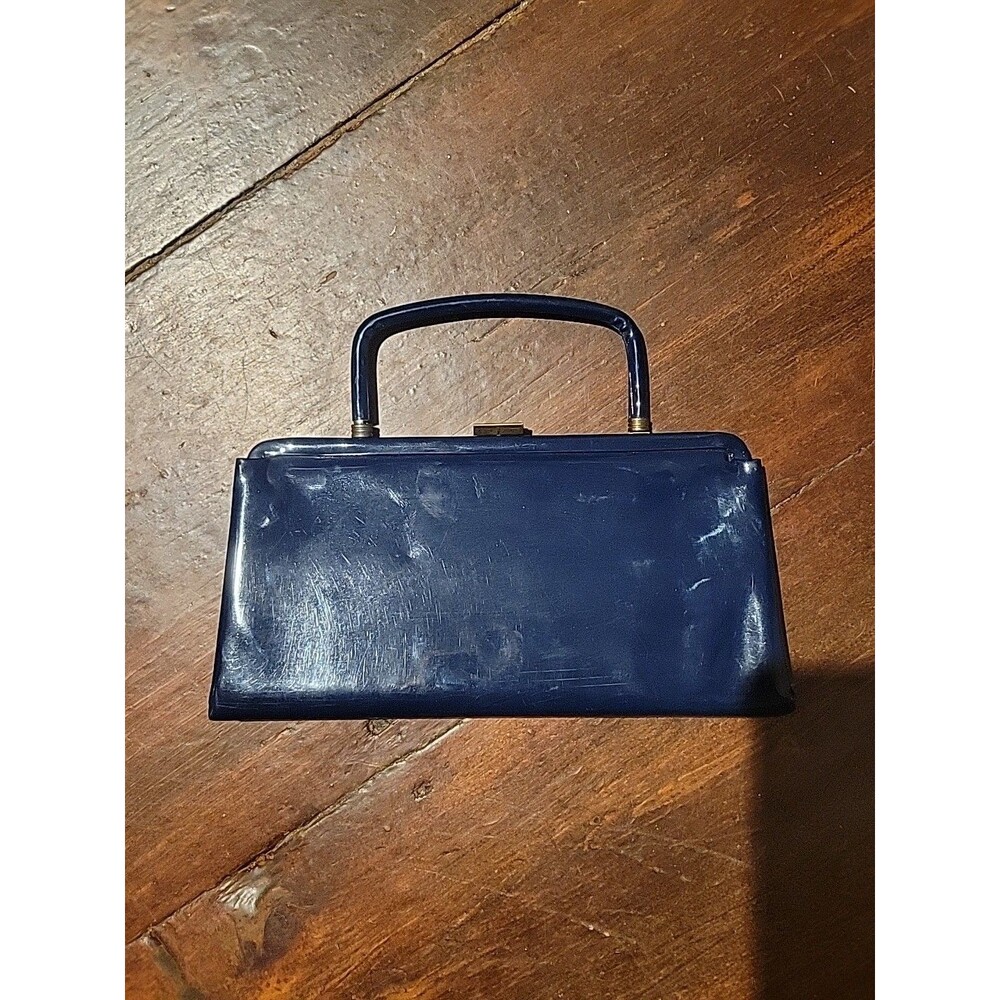 Vtg Ande Blue Patent Leather Rectangular Handbag Clutch Bag Purse With Handle